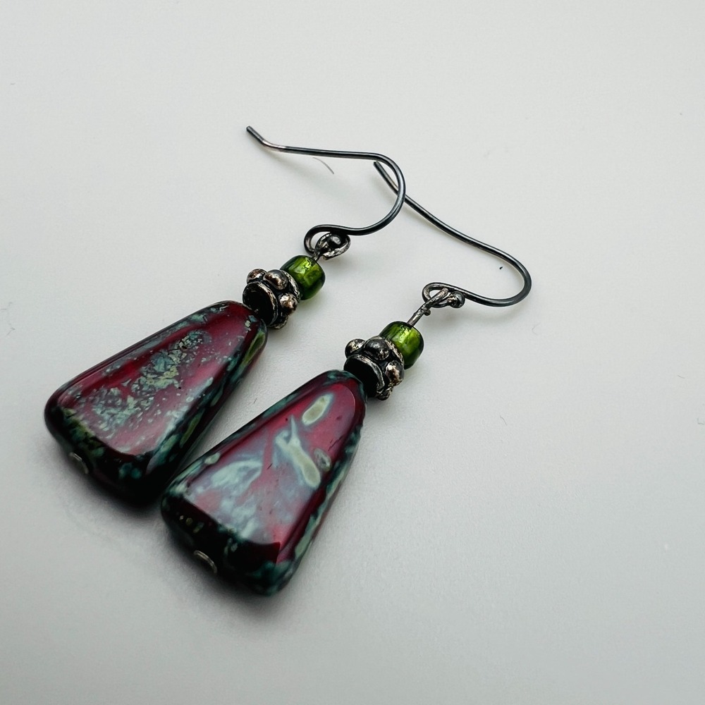 Dangle Earrings Iridescent Glass Drop Black Pink Green Artisan Boho Abstract - Picture 4 of 7